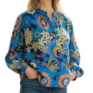 Rails Shirt Women's S Blue floral Sonnet top cotton spring quiet luxery blouse‎